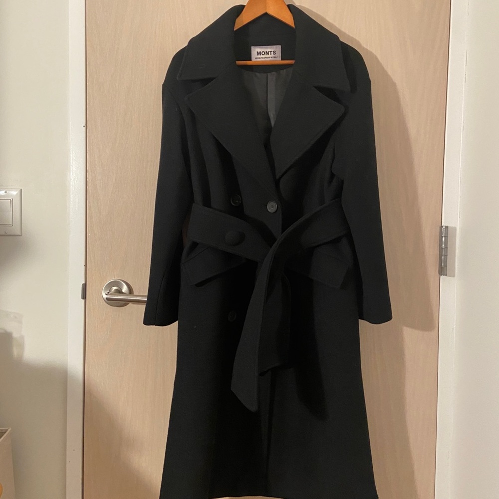 Women’s Oversized Wool Black Coat with Waist Belt